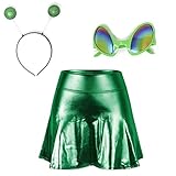 REU GLOBAL Women Green Alien Cosplay Costume Skrit with Headband and Glasses for Party Accesory (Small, Green)