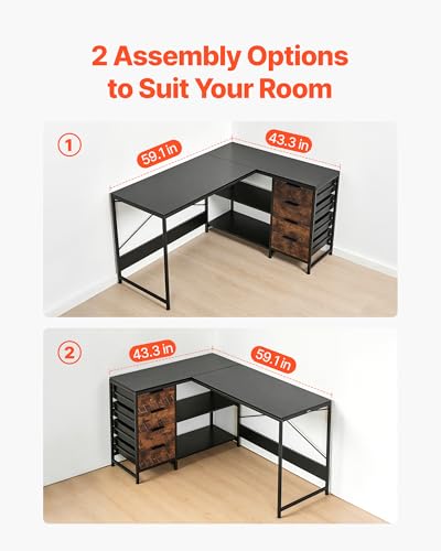 Image of VEVOR L-Shaped Computer Desk, 59-inch Reversible Corner Gaming Desk with Drawers & Storage Shelves, Modern Stylish PC Table Sturdy Work Workstation for Home Office - Easy to Assembly