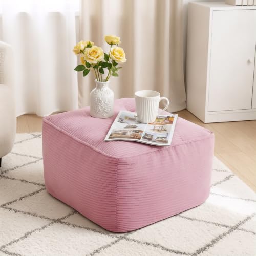 Image of Square Stuffed Pouf Ottoman, Corduroy Oversize Foot Rest,Pink