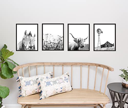 Modern Farmhouse Framed Photography Wall Art - Gift Set Of 4 8X10 Rustic Boho Cottage Country Decor Prints With Black Frames. Windmill, Daisies, Highland Cow & Horses. #TOP4
