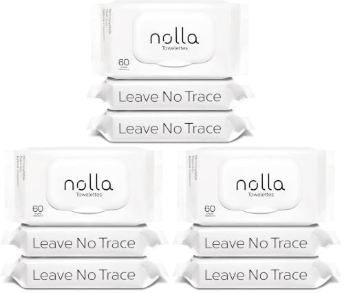 Image of Nolla Flushable Wipes - 100% Plant-Based and Biodegradable - Soft, Unscented + Soothing Aloe and Vitamin E - For Adults and Kids 180 Count (9 Packs of 60)