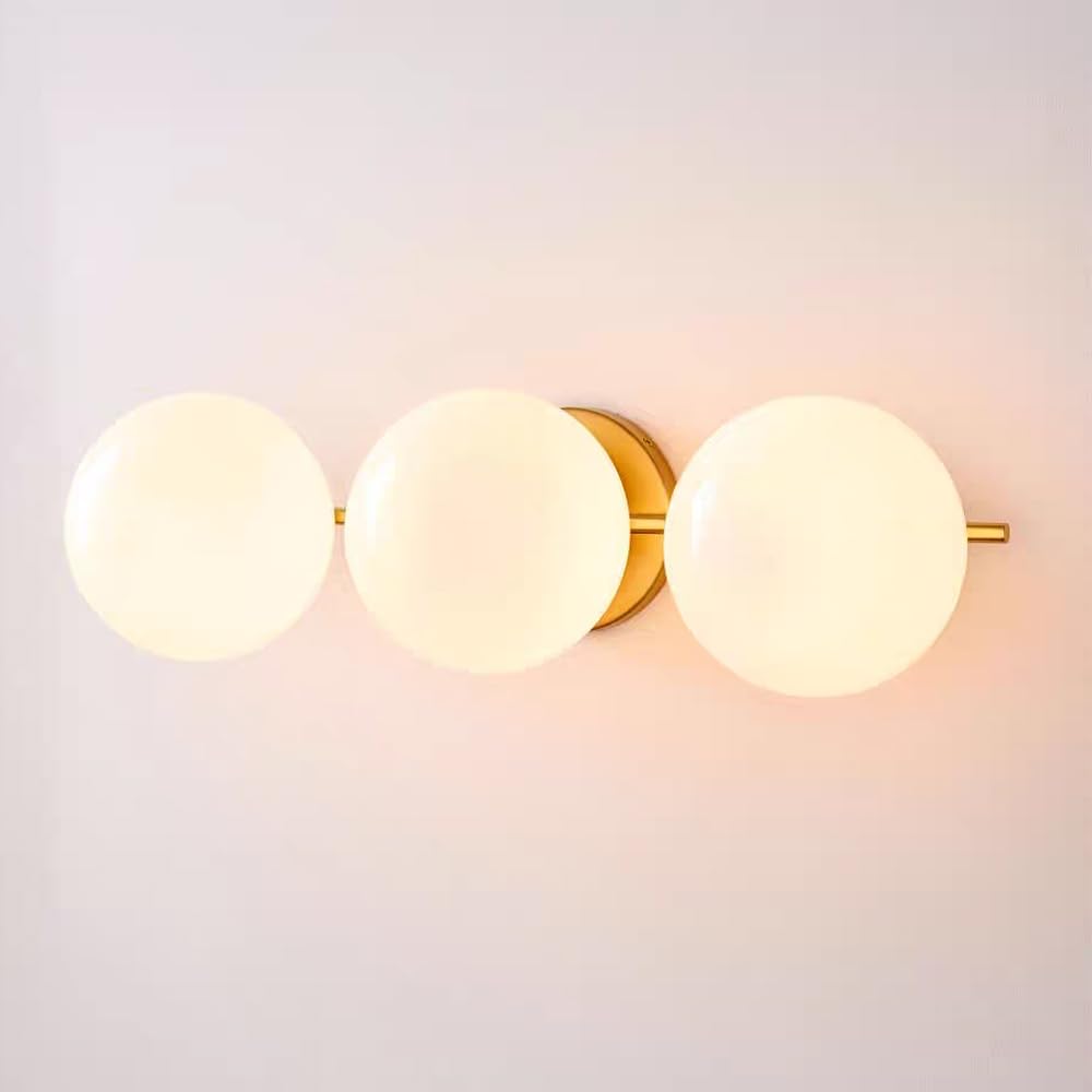 HPTHLY Gold Bathroom Light Fixture, Vanity Light 3 Light, 21.6 Inch Brass Wall Sconce With Globe Milk White Glass Shade, Brushedd Vanity Lights For Bathroom