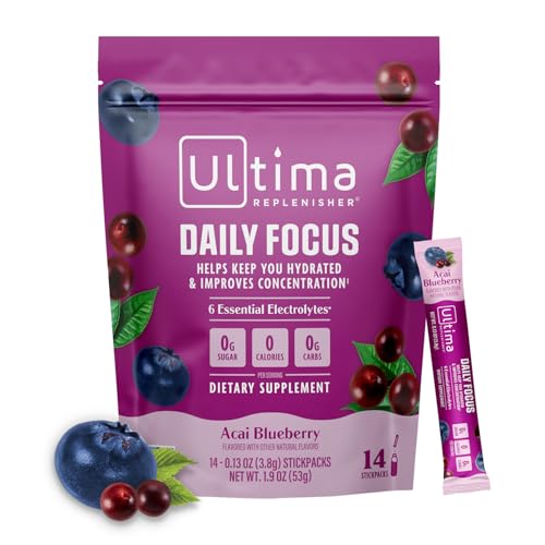 Image of Ultima Replenisher Daily Focus Supplement, Acai Blueberry, 14 Stickpacks | Daily Zero Sugar Electrolyte Powder Hydration Packets with 6 Key Electrolytes & L-Theanine to Improve Focus - Keto Friendly