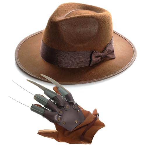 Adults Halloween Dream Killer Costume Set - Brown Fedora Hat and Claw - Adults Nightmare Man Halloween Fancy Dress Accessory Set