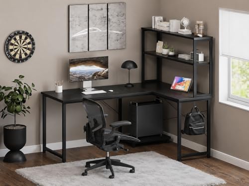 Image of Reversible L Shaped Computer Desk with Storage Shelves | Wooden Corner Study Table with Black Metal Frame | Home Office Workstation Desk | Table for Computer Setup| Black |130x50x150 cm