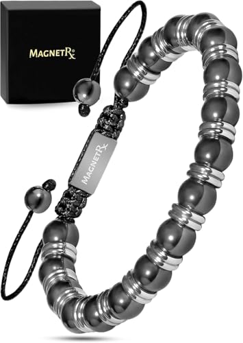 MagnetRX® Bracelet Magnétique En Hématite Perlé Unisexe - Bijou Aimanté En Pierres Naturelles Hematite 8mm Méditation - Longueur Réglable (Perle Titan Argent 8 mm)