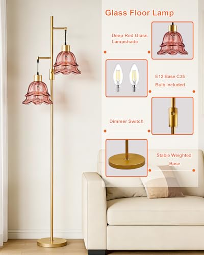 Image of 2-Light Modern Glass Floor Lamp, Gold Tall Standing Lamp with Deep Red Tulip Glass Shade for Reading, Dimmable LED Floor Lamp with 5Lbs Heavy Base for Living Room Bedroom Home Decor, Bulb Included
