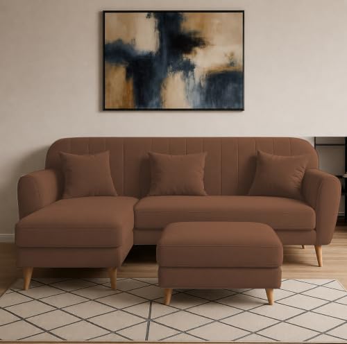 Image of Atticus LHS 4 Seater L Shape Sofa Set with Ottoman for Living Room (Brown Fabric) Premium Fabric Sofa Set
