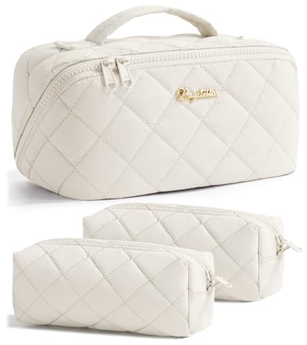 Image of Travel Makeup Bag, Large Capacity Puffy Toiletry & Cosmetic Bag for Women | 3 PCS Open Flat Quilted Makeup Cosmetic Organizer, Waterproof w /Clear Divider Portable Pouch for Skincare Travel Essentials