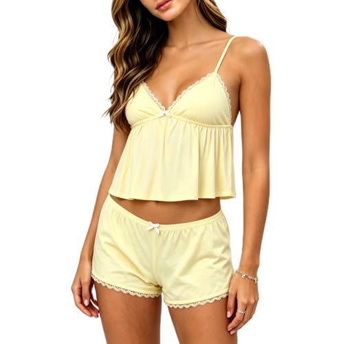 XBTCLXEBCO Lace Pajama Sets for Women 2 Piece Sexy Sleeveless Cami Tank Top and Shorts Pj Set Y2K Matching Lounge Sleepwear (Lace Yellow S)