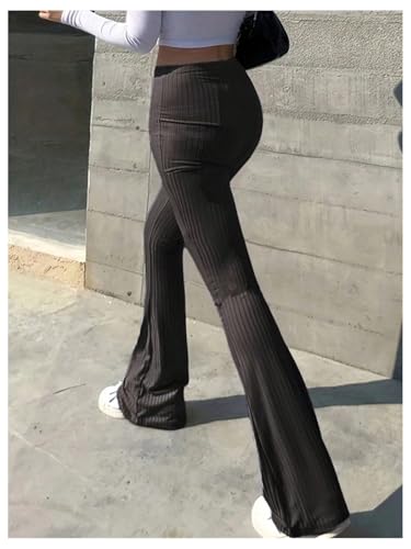 OYOANGLE Women's Elastic High Waist Flare Leg Pants Ribbed Knit Skinny Bell Bottoms Trousers2