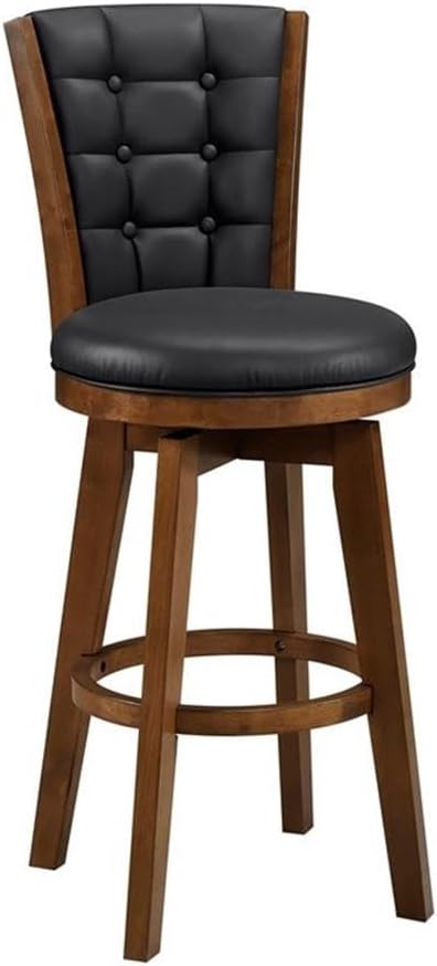 Pemberly Row Traditional Faux Leather Swivel Pub Height Chair, Black Upholstery, Button-Tufted Back, Chestnut Wood Frame, 30 in Seat Height, Modern Bar Seating