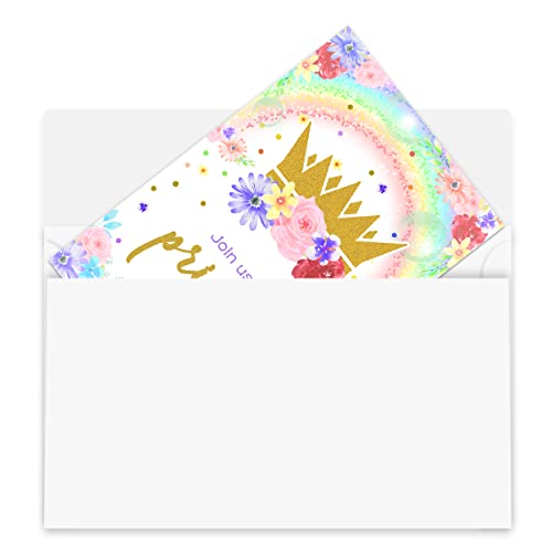 20Pcs Floral Princess Party Invitations With 20 Envelopes,Royal Queen Little Girl Birthday Invite, Kids Crown Gold Confetti Themed Bday Supply Idea, Tiara Watercolor Printed Or Fill In The Blank Card #TOP3