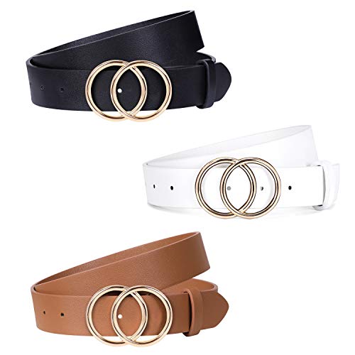 JASGOOD 3 Pack Women Leather Belt for Jeans Pants, Ladies Waist Belts with Double O-Ring Buckle (Fit Pants Size 35"-39", H-black+brown+white)
