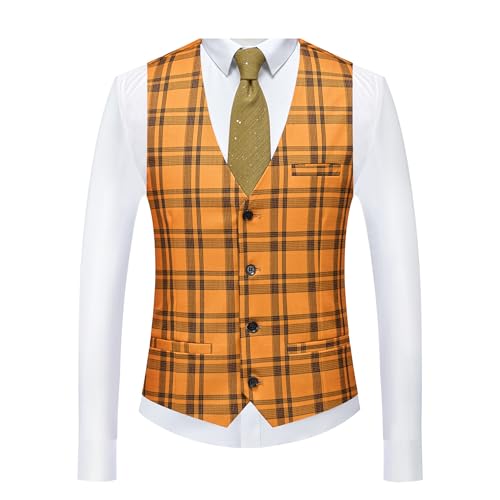 Men's Slim Fit Plaid Suit Vest - Lightweight Checkered V-Neck Waistcoat for Wedding, Business, Prom & Casual Occasions