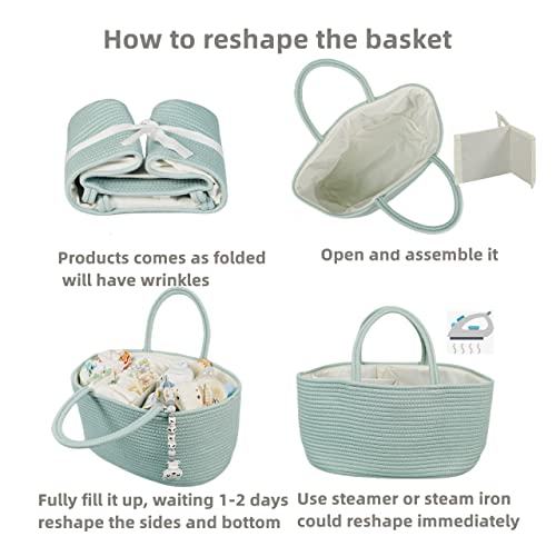 Image of XUANGUO Large Cotton Rope Baby Diaper Caddy Organizer Basket Light Green | Nursery Storage Bin, Portable Baby Tote Bag for Changing Table or Car, Baby Shower Gifts Bag, Newborn Essentials, Registry