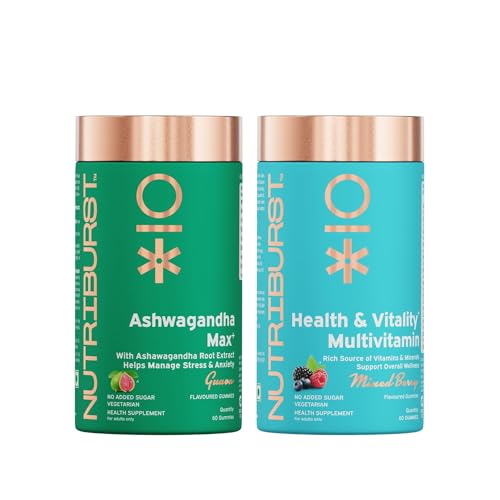 Image of Nutriburst Daily Vitality Combo: Multivitamin Gummies for Complete Nutrition + Ashwagandha Gummies for Mind Relax & Energy Boost | Supports Wellness, Immunity & Balance | No Added Sugar (Pack of 2X60)