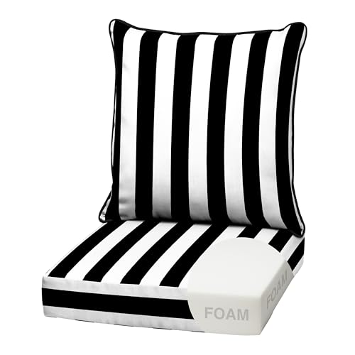 Image of Arden Outdoor Foam Deep Seat Cushion Set, 22 in x 24 in, Weather-Proof, Rain-Proof, Fade Resistant Patio Cushion, Bottom and Back Cushion for Chair, Sofa, and Couch Black Cabana Stripe