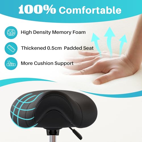 Image of YEEZEE Saddle Stool Ergonomic- Comfortable Rolling Saddle Stool with Wide Thick Saddle Seat Padding, Swivel Adjustable Saddle Chair with Wheels and Ring Pedal for Medical Massage Salon (Dark Black)