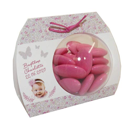 lot de 4 Boîte à dragées PAPILLONS - BALLOTIN BOULE 6 CM personnalisé avec votre texte pour baptême couleur rose - ballotin à dragées design et moderne