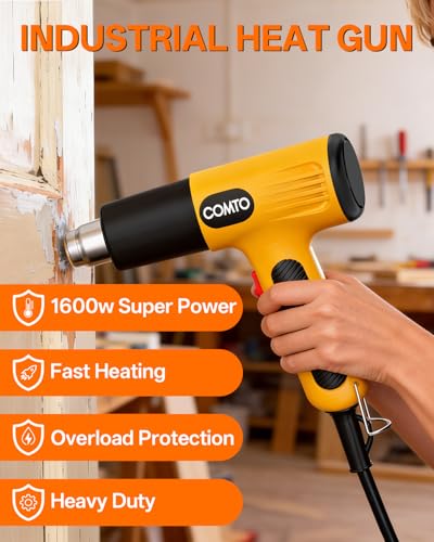 COMTO 1600W Heat Gun, Hot Air Gun with 2 Temp Settings, 4 Nozzles, Overheat Protection, for Shrink Tubing, Shrink Wrap, Crafting, Resin, and DIY Projects - Yellow