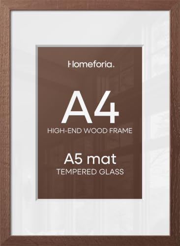 Image of Homeforia A4 Picture Frame Brown Wood, High-End Dark Oak 8.3 x 11.7 Poster Walnut Frames Matted to 5.8 by 8.3 inch Photo, A4 Size Wooden Frame with Mat for A5 Print, Tempered Glass, Wall Kit, Set of 2