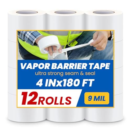 Image of 12 Rolls Vapor Barrier Tape,4 inch x 180 ft,Waterproof Seam Tape for Insulation | White Moisture Barrier Tape for Crawl Spaces, Polyethylene Tape for Underlayment, Plastic Liners