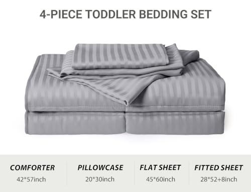 Image of ZPECC Toddler Bedding Set - 4 Piece Hypoallergenic Baby Crib Bedding Set for Boys and Girls, Includes Toddler Comforter, Flat Sheet, Fitted Sheet and Pillowcase, Grey Stripe
