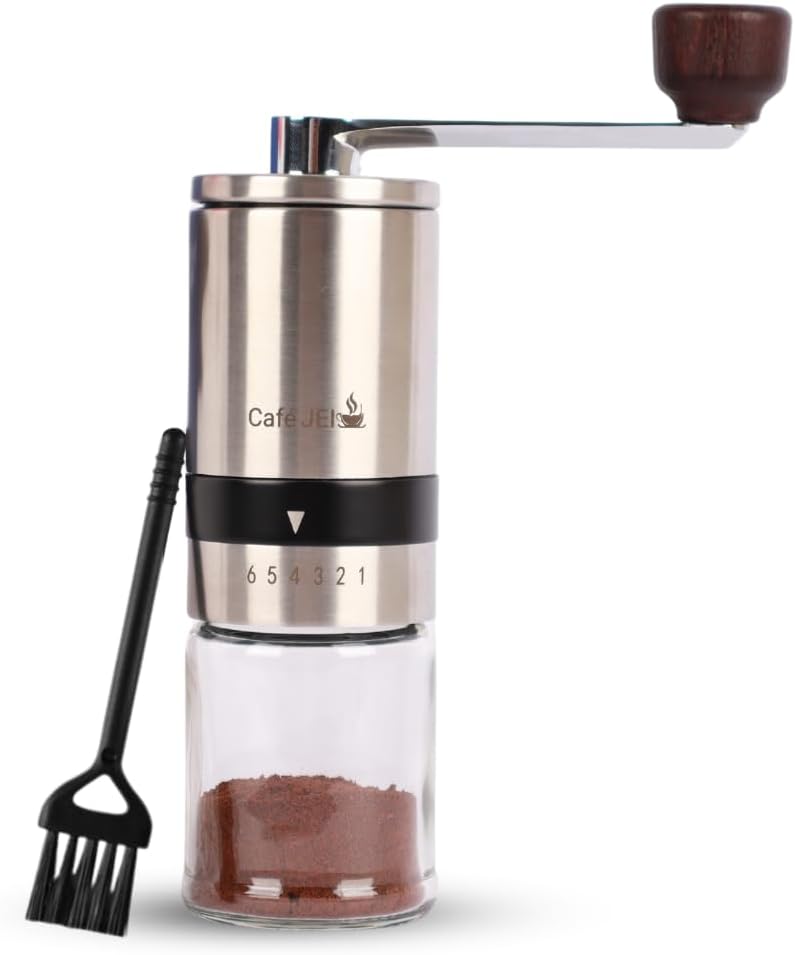 Manual Coffee Grinder with Adjustable Settings - Ceramic Conical Burr Mill & Brushed Stainless Steel Body, Whole Bean Coffee Grinder for Drip Coffee, Moka Pot,French Press (Silver)