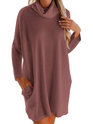 Woneta Women's Turtleneck Long Sleeve Sweater Dress Oversized Loose Knitted Sweater Dress with Pocket Pullover Tops W293-xiuhong-S Rust