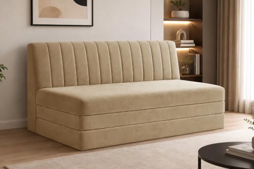 Image of 3-Seater Velvet Sofa Cum Bed | Convertible Sleeper Sofa | Modern Foldable Couch for Living Room, Bedroom & Office | Golden