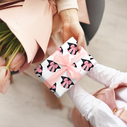 JarThenaAMCS Graduation Wrapping Paper -Mini Roll- 17In x 32.8Ft Pink Bow Black Graduation Cap Gift Wrap Craft Paper for Girl Birthday Congrats Grad Party Packing Supplies — view 6