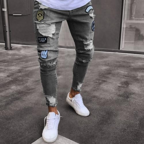 Jeans Pants Trousers Denim Street Trendy Knee Piercing Embroidered Zipper Slimming Commuter Small Leg for Men3