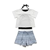 [Ttoitv] 水着 レディース 2点セット 体型カバー UVカットレイヤード風 タンキニ セパレート 半袖ラッシュガード トップス ショートパンツ かわいい ノンワイヤー パッド付き (標準, B.ホワイト×エスニック柄, L)
