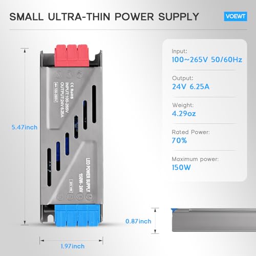 Image of LED Driver 150 Watts Power Supply 100V-265V AC to 24V DC Converter,Quiet and Small Transformer Low Voltage Output for Strip Light,Lamp