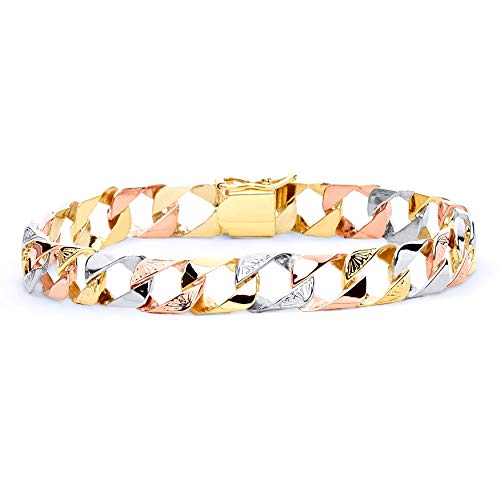 The World Jewelry Center 14K Tri Color Gold Men's Cuban Link Bracelet - 8.5" #TOP18