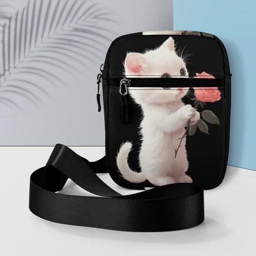 Cute Kitten Cat Holding A Rose Women's Cute Small Mini Crossbody Bag Top Zip Sling Square Shoulder Bags 6