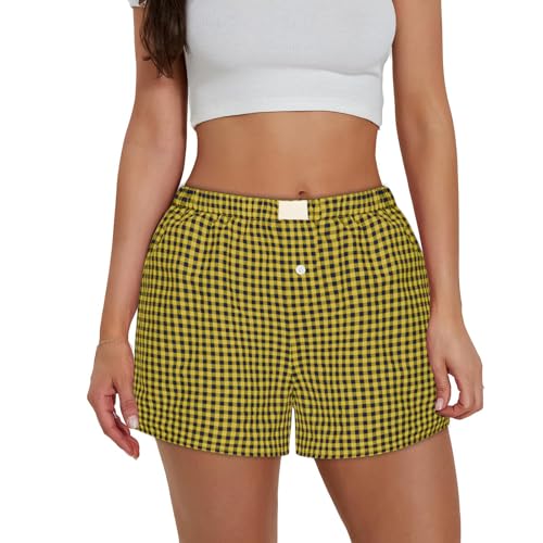 Image of Womens Y2k Plaid Shorts Women Cute Lounge Pajama Sleep Comfy & Casual Gingham PJ Boxer Shorts Yellow-blue 4XL
