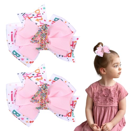 2Pcs 4th Happy Birthday Hair Bow for Girls, 4" Unicorn Birthday D...