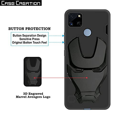Image of COVERLY Official 3D Smooth Feel Avengers Logo Mask Soft Rugged Grip TPU Silicone Iron Man Engraved Cartoon Movie Engraved Silicone Rubber Matte Strong Back Cover for Realme C15 (6.50 inch) - Black