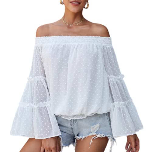 Blusa holgada con hombros descubiertos para mujer con mangas de campana y lunares suizos, blusa holgada, color liso, hombros descubiertos, camisa de manga larga, volantes, chifón, S-3XL, A-blanco.,