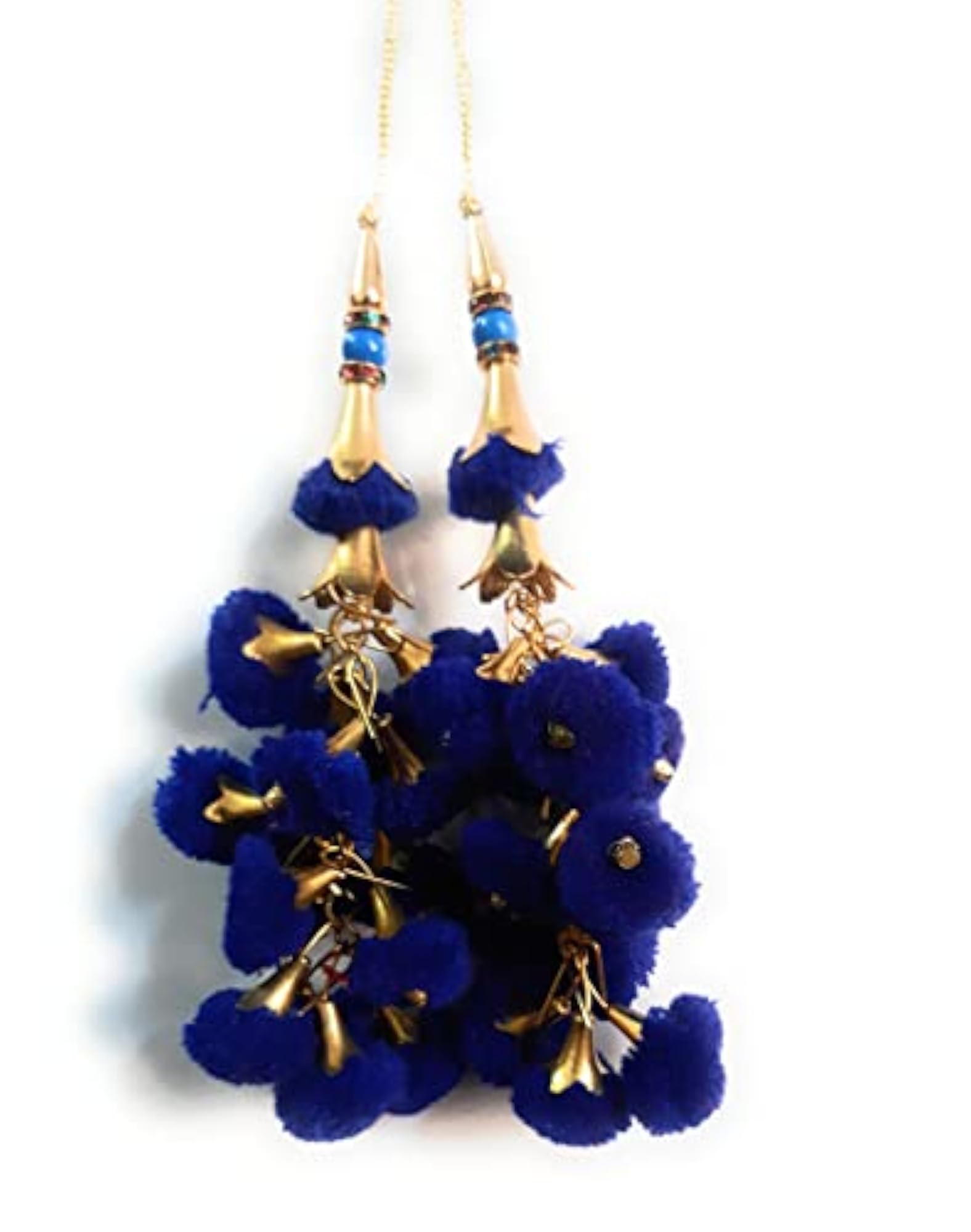 Women's Handmade Ethnic Hanging Latkan Pom Pom Earrings, Blue
