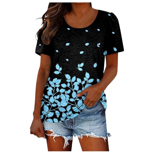 Women's Casual Short Sleeve T-Shirt Soft Round Neck Loose Fit Trendy Printed Top for Spring Summer (Light Blue-G, XL)