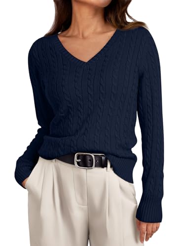 Image of LILLUSORY Women's Cable Knit V Neck Lightweight Soft Pullover Sweaters