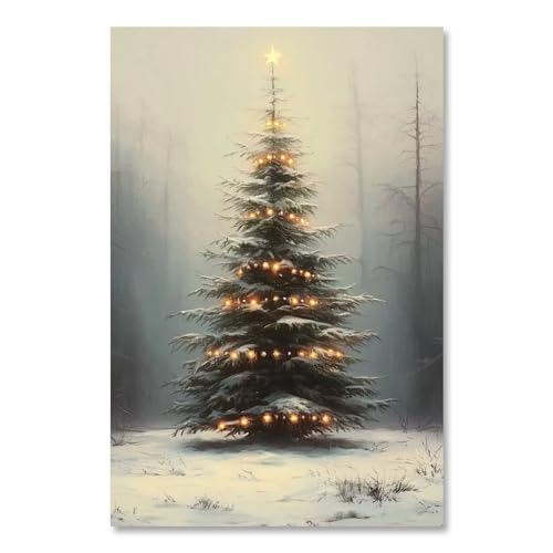 Yermidi Snowy Christmas Tree Wall Art Rustic Winter Holiday Canvas Print Poster Farmhouse Light-up...