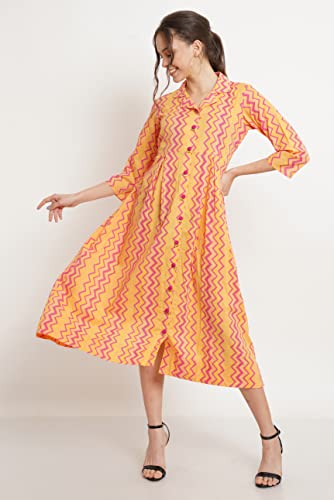 Image of COTLAND Fashions Jaipuri Cotton Flared A-Line Dress for Women (Yellow Current)