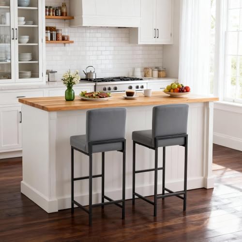 Butacos de Barra Set de 2, Altura 30'', con Soporte para Espalda, Asiento Tapizado en Cuero Sintético, Patas de Metal, Estilo Moderno, para Isla de Cocina o Bar en Casa, Gris miniatura 1