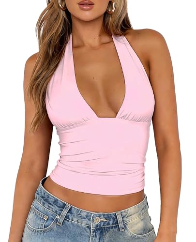 ForeFair Women Sexy Halter Neck Backless Going Out Crop Tank Top Deep V Neck Open Back Sleeveless Slim Fit Y2k Summer Tops(Pink M)