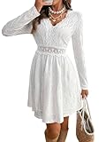 YUTILA Robe bohème pour femme avec dentelle, col en V, manches longues, mini robe, coupe trapèze, robes décontractées pour les vacances à la plage (poitrine et jupe doublées, non transparente), Blanc