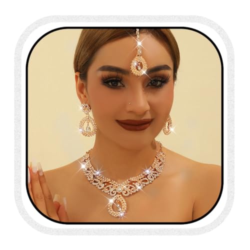 Unicra Rhinestone Gold Indian Jewelry Sets Wedding Bollywood Necklace Earrings Forehead Chain Set Formal Prom Costume Jewelry Set for Women and Brides (Gold)